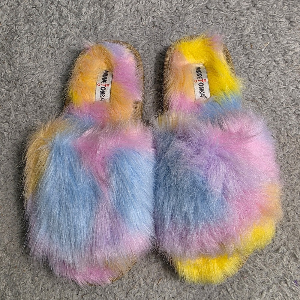 Minnetonka Slide Slippers Multicolor Tie Dye Faux‎ Fur Kids Girls 4 NEW